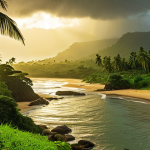 **A vibrant coastal scene at Robertsport, Liberia during the rainy season.** Focus on the contrast of the green landscape with the golden sunlight breaking through the light rain. Capture the artistic, painterly quality of the scene.