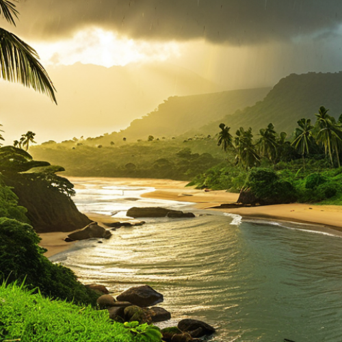 Home 11 **A vibrant coastal scene at Robertsport, Liberia during the rainy season.** Focus on the contrast of the green landscape with the golden sunlight breaking through the light rain. Capture the artistic, painterly quality of the scene.