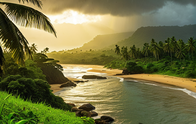 **A vibrant coastal scene at Robertsport, Liberia during the rainy season.** Focus on the contrast of the green landscape with the golden sunlight breaking through the light rain. Capture the artistic, painterly quality of the scene.