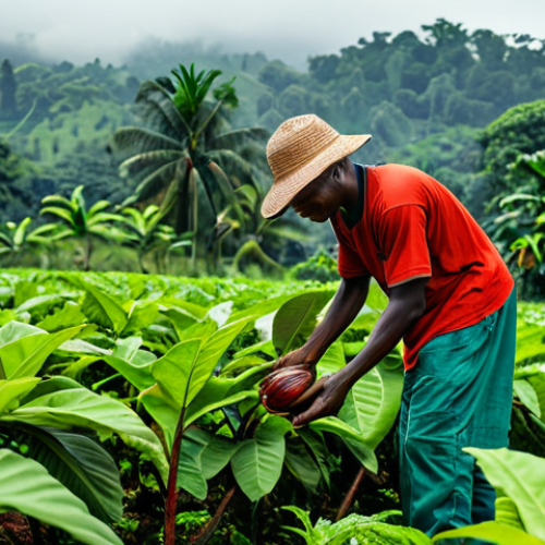 Home 6 Sustainable Agriculture**
"A Liberian farmer tending to cacao plants on a lush, green farm, fully clothed in modest farming attire, showcasing sustainable farming practices, appropriate content, safe for work, perfect anatomy, natural proportions, professional photography, high quality, family-friendly"
**