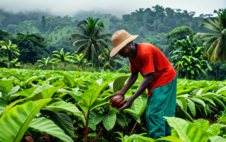Sustainable Agriculture**

"A Liberian farmer tending to cacao plants on a lush, green farm, fully clothed in modest farming attire, showcasing sustainable farming practices, appropriate content, safe for work, perfect anatomy, natural proportions, professional photography, high quality, family-friendly"

**