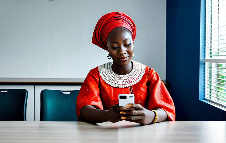 라이베리아에서 해외 송금하는 방법 - **
"A Liberian woman in professional attire, fully clothed in modest West African dress, using a mo...