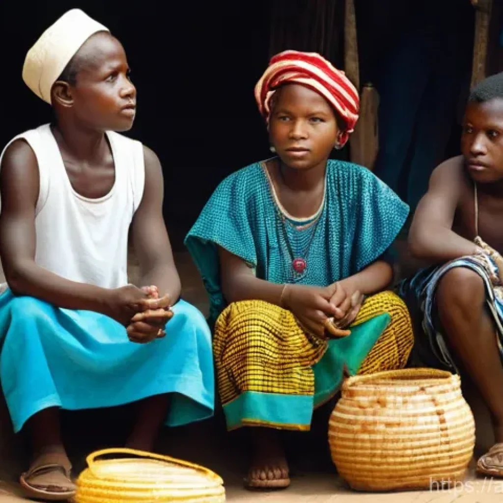 라이베리아 내전의 원인과 결과 - **Prompt:** A vibrant, sun-drenched Liberian marketplace in the late 1980s. The scene is bustling wi...