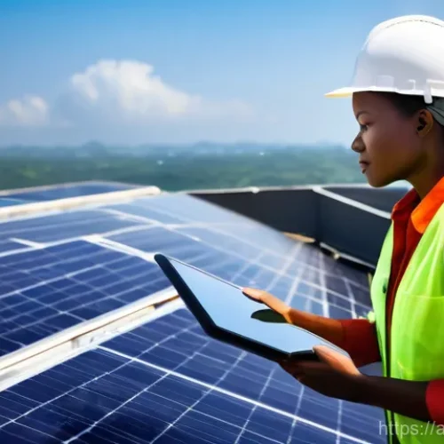라이베리아에서 취업할 수 있는 직업군 - A determined female electrical engineer, fully clothed in a practical work jumpsuit, hard hat, and s...