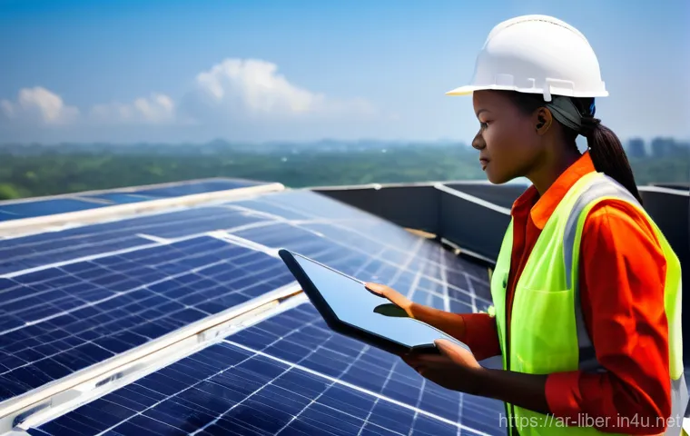 라이베리아에서 취업할 수 있는 직업군 - A determined female electrical engineer, fully clothed in a practical work jumpsuit, hard hat, and s...