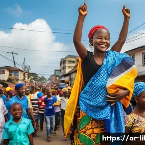 라이베리아의 정치적 안정성과 치안 상황 - **A Vibrant Celebration of Democracy in Liberia.**
    A bustling street scene in Monrovia filled wi...