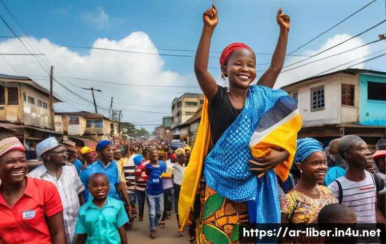 라이베리아의 정치적 안정성과 치안 상황 - **A Vibrant Celebration of Democracy in Liberia.**
    A bustling street scene in Monrovia filled wi...