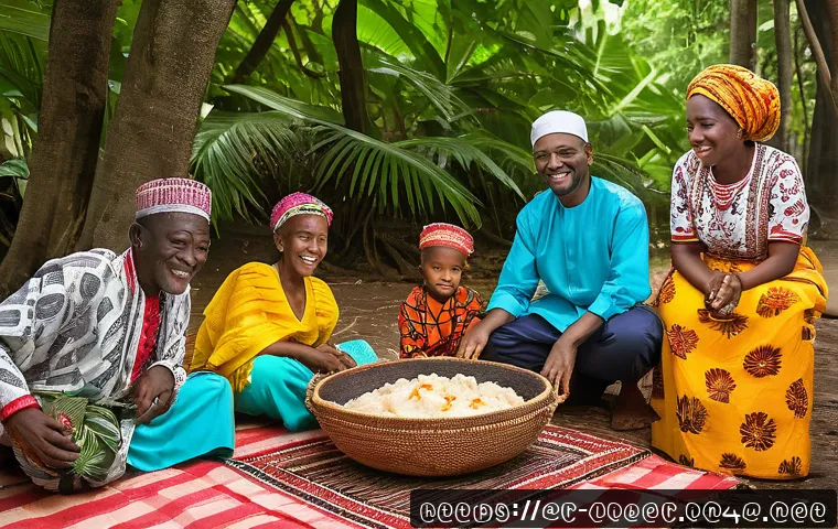 라이베리아의 전통적인 가족 구조와 문화 - A vibrant Liberian extended family gathering outdoors during a traditional celebration, featuring mu...