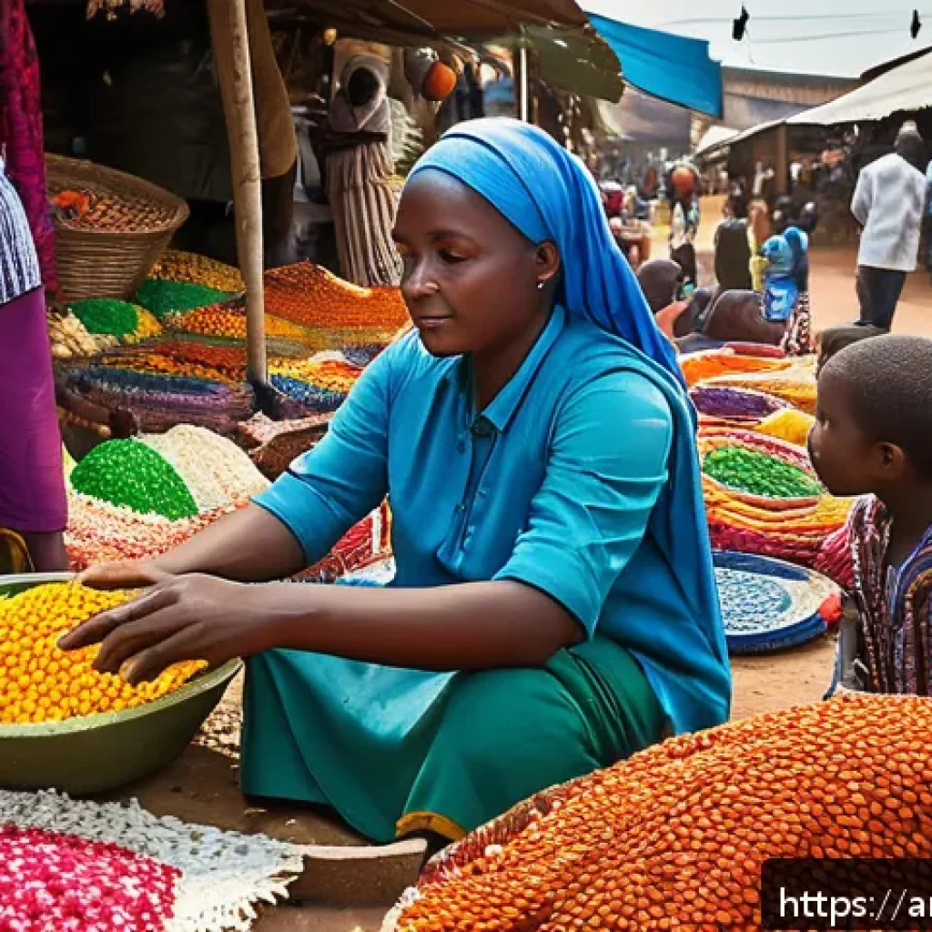 라이베리아의 수도 몬로비아 - A vibrant traditional market scene in a Liberian city, showcasing diverse local vendors selling colo...