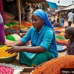 Home 22 라이베리아의 수도 몬로비아 - A vibrant traditional market scene in a Liberian city, showcasing diverse local vendors selling colo...
