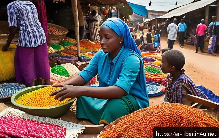 라이베리아의 수도 몬로비아 - A vibrant traditional market scene in a Liberian city, showcasing diverse local vendors selling colo...