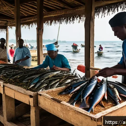 Home 32 라이베리아의 해산물 요리 - A vibrant Liberian coastal fish market scene at sunrise, featuring local fishermen in traditional at...