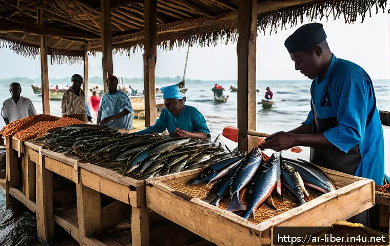라이베리아의 해산물 요리 - A vibrant Liberian coastal fish market scene at sunrise, featuring local fishermen in traditional at...