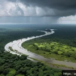 Home 19 라이베리아의 도로 사정과 교통 수단 - A detailed aerial view of a rural Liberian landscape during rainy season, showing muddy, eroded dirt...