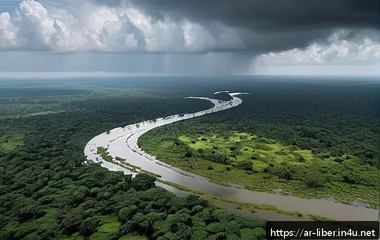 라이베리아의 도로 사정과 교통 수단 - A detailed aerial view of a rural Liberian landscape during rainy season, showing muddy, eroded dirt...