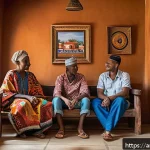 Home 18 라이베리아 여행비용 예산 짜기 - A warm and cozy guesthouse interior in Liberia, showcasing traditional West African decor with vibra...