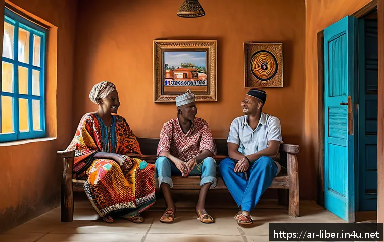 라이베리아 여행비용 예산 짜기 - A warm and cozy guesthouse interior in Liberia, showcasing traditional West African decor with vibra...