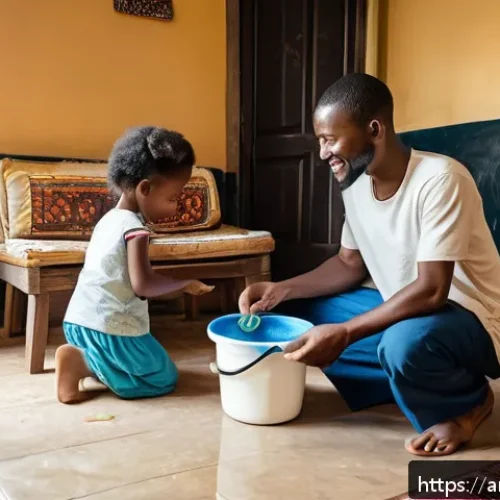 Home 17 라이베리아의 가사노동 문화와 역할 분배 - A warm and lively Liberian family scene inside a modest urban living room, showing a man and woman i...