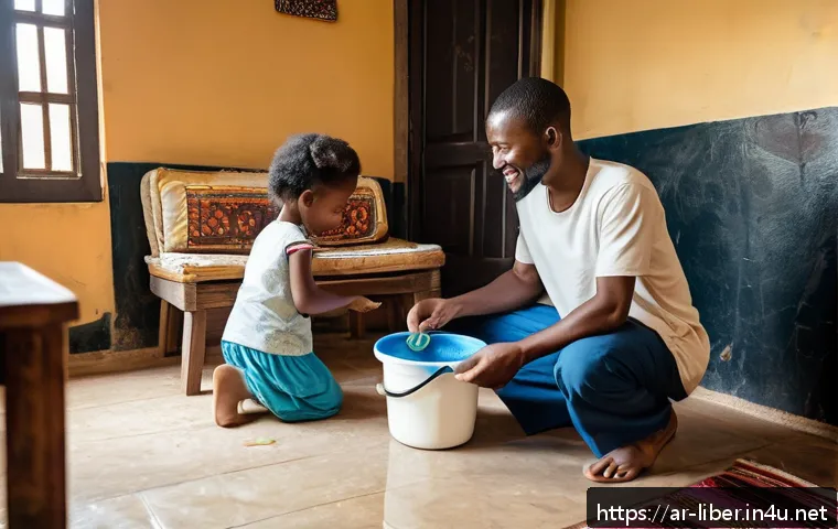 라이베리아의 가사노동 문화와 역할 분배 - A warm and lively Liberian family scene inside a modest urban living room, showing a man and woman i...