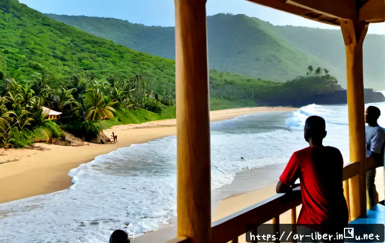 라이베리아 로버츠포트 여행 가이드 - Photorealistic travel scene in Robertsport, Liberia, wide golden beach facing powerful Atlantic surf...